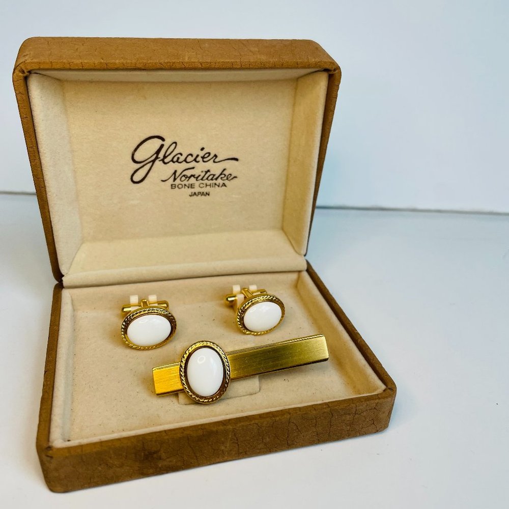 Vintage Noritake Sun Eagle Glacier Milk Glass Gold Plated Cufflinks Tie Clip Set